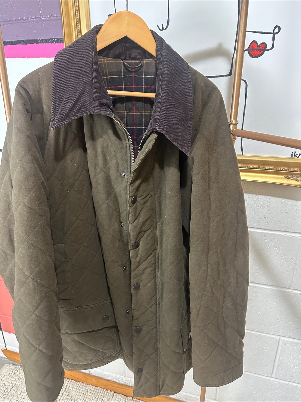Vintage Barbour Olive Green Quilted Jacket with Dark Brown Corduroy Collar